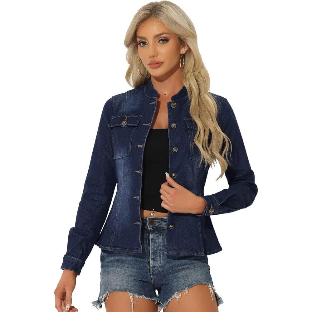 Women's Denim Jacket Classic Stand Collar Long Sleeve Jean Jacket Dark Blue